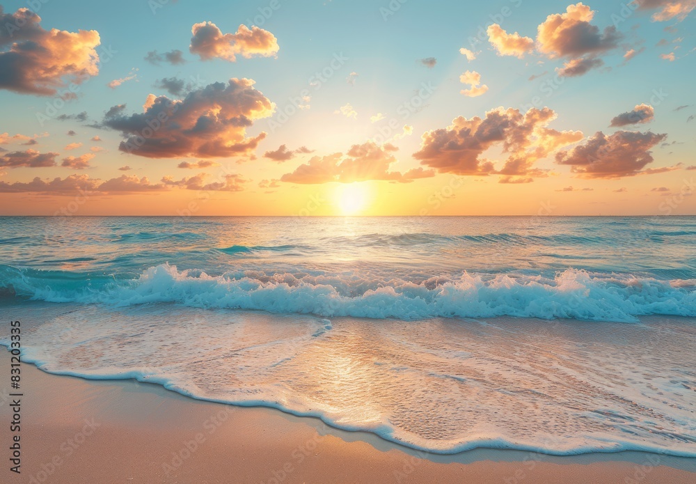 A serene beach at sunrise with gentle waves lapping against the shore. The sky, painted in soft hues of orange and pink, offers ample space for text, evoking a sense of calm and new beginnings. A serene beach at sunrise with gentle waves lapping against the shore. The sky, painted in soft hues of orange and pink, offers ample space for text, evoking a sense of calm and new beginnings.