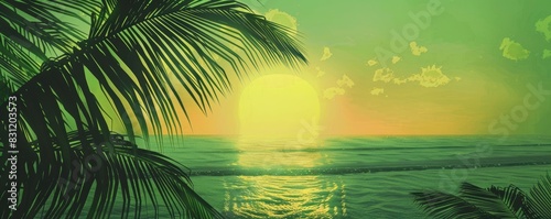 green sunset over the ocean with palm leaves