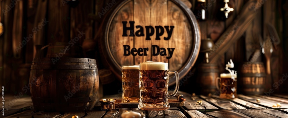 Mug of beer sits next to a barrel of beer. The image is meant to celebrate beer day