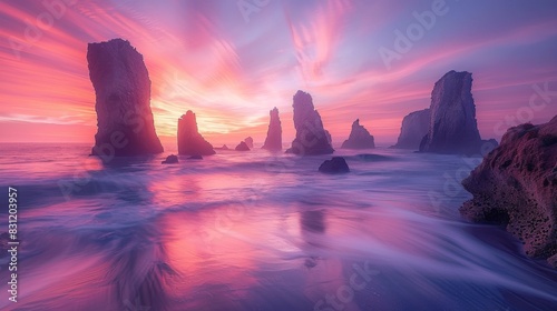 A beautiful sunset over the ocean  with a rocky shoreline in the background