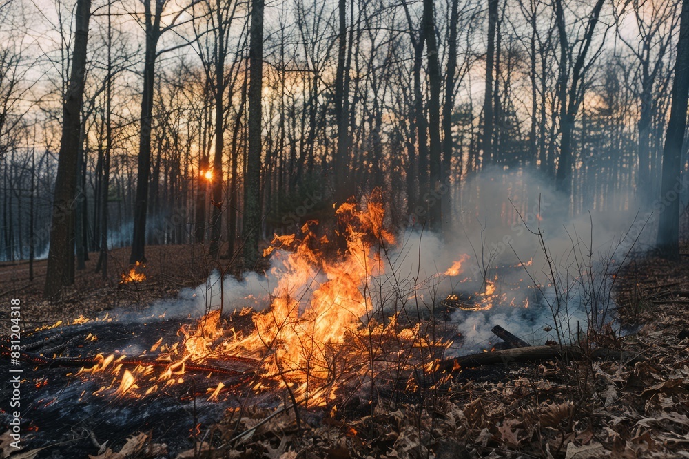 A controlled fire burns in a forest as part of a managed burn operation
