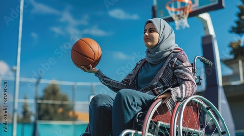 A woman sitting in a wheelchair holding a basketball photo