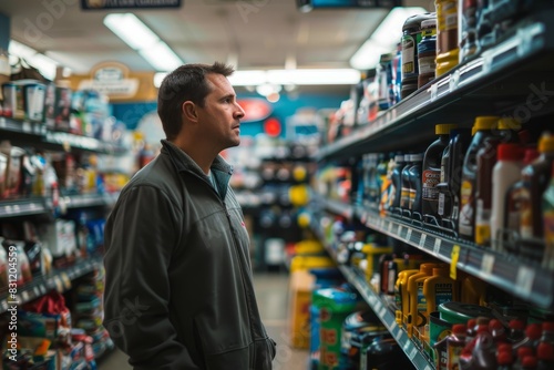 A man standing in a grocery store aisle, focused on something in front of him