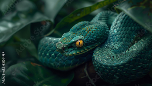 A closeup of the head and body of an emerald green snake with yellow eyes,