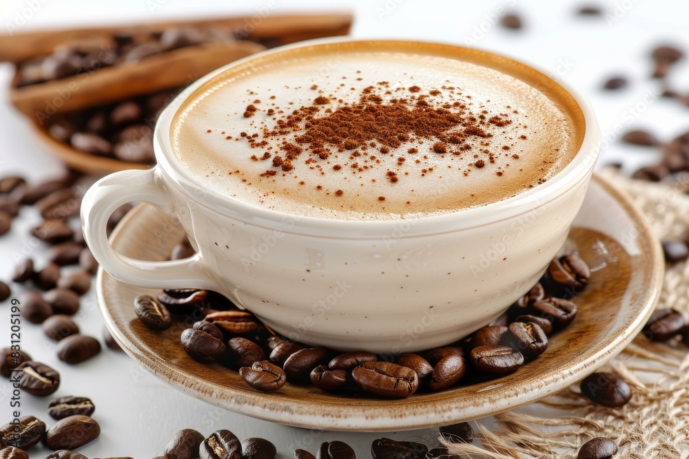 Closeup of a creamy cappuccino topped with cinnamon, surrounded by roasted coffee beans