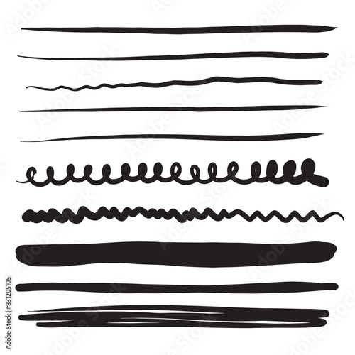 Set of lines, hand drawn dividers, doodle underlines, different thickness brush stripes. Vector illustration of scribble lines. photo
