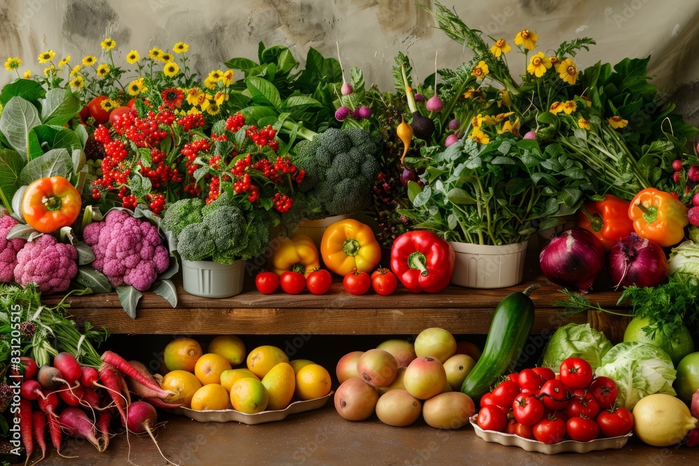 Various colorful fruits and vegetables displayed on a table at a spring farmers market