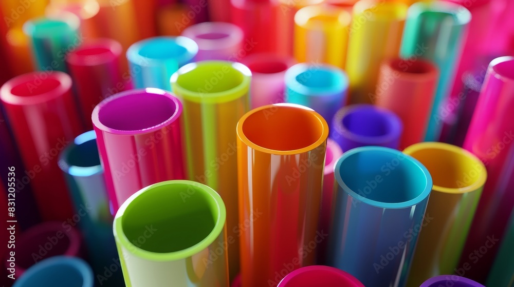 3D rendering of a colorful array of cylinders, showcasing vibrant hues and geometric precision. Perfect for modern and artistic designs 3D rendering of a colorful array of cylinders, showcasing vibrant hues and geometric precision. Perfect for modern and artistic designs