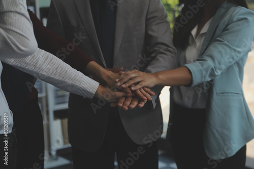Business people shaking hands after meeting. colleagues handshaking after conference. Greeting deal, teamwork partnership cooperate concept. © Kansuda
