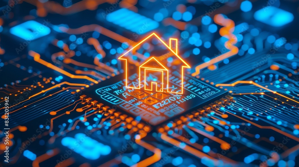 Blue circuit board with a glowing orange house icon and dollar sign, representing the fusion of real estate, technology, and finance Blue circuit board with a glowing orange house icon and dollar sign, representing the fusion of real estate, technology, and finance