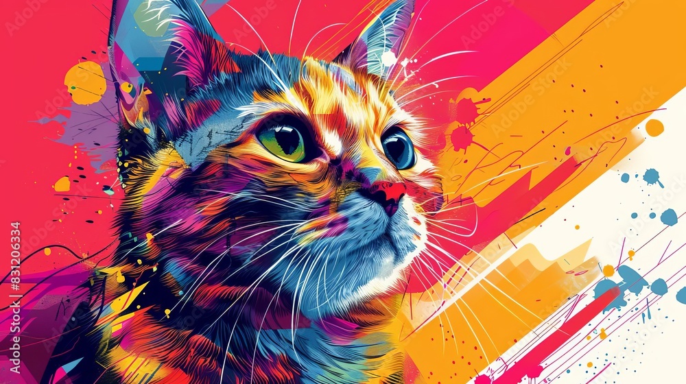 Fototapeta Manx Cat in vibrant pop art style, colorful geometric background close up, whimsical, blend mode, cityscape backdrop