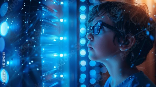 A young boy is looking at a computer screen with a blurry background