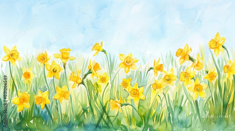 A beautiful watercolor painting of a field of yellow flowers with a bright blue sky in the background, evoking a sense of spring and freshness.