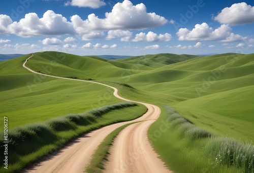 A winding dirt road through rolling green hills under a blue sky with fluffy white clouds