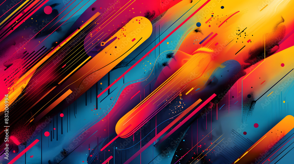A digital art background with lines, shapes, and colors in creative compositions. Use vibrant colors and dynamic shapes to generate a lively and energetic image, with elements that seem to move