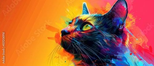 Manx Cat portrait, vibrant pop art style, geometric colorful design focus on, surreal, silhouette, digital studio backdrop photo