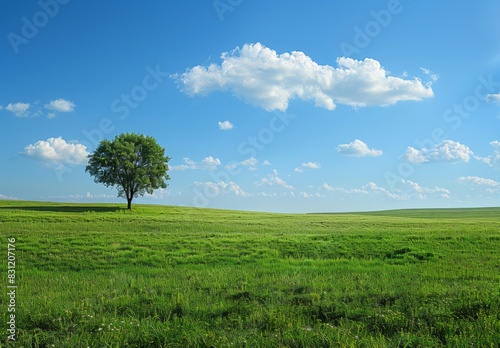 A lush green meadow with a single large tree standing tall in the distance. The expansive open sky above the peaceful meadow offers a tranquil background for text about growth and serenity.