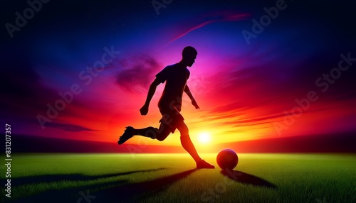 Wallpaper with a soccer player silhouette against a vivid sunset.