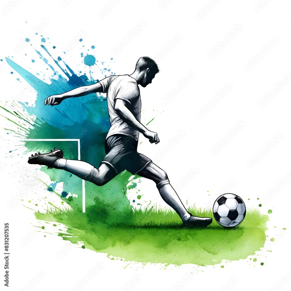 Illustration of a soccer scene with a player kick a soccer ball on a green field. 