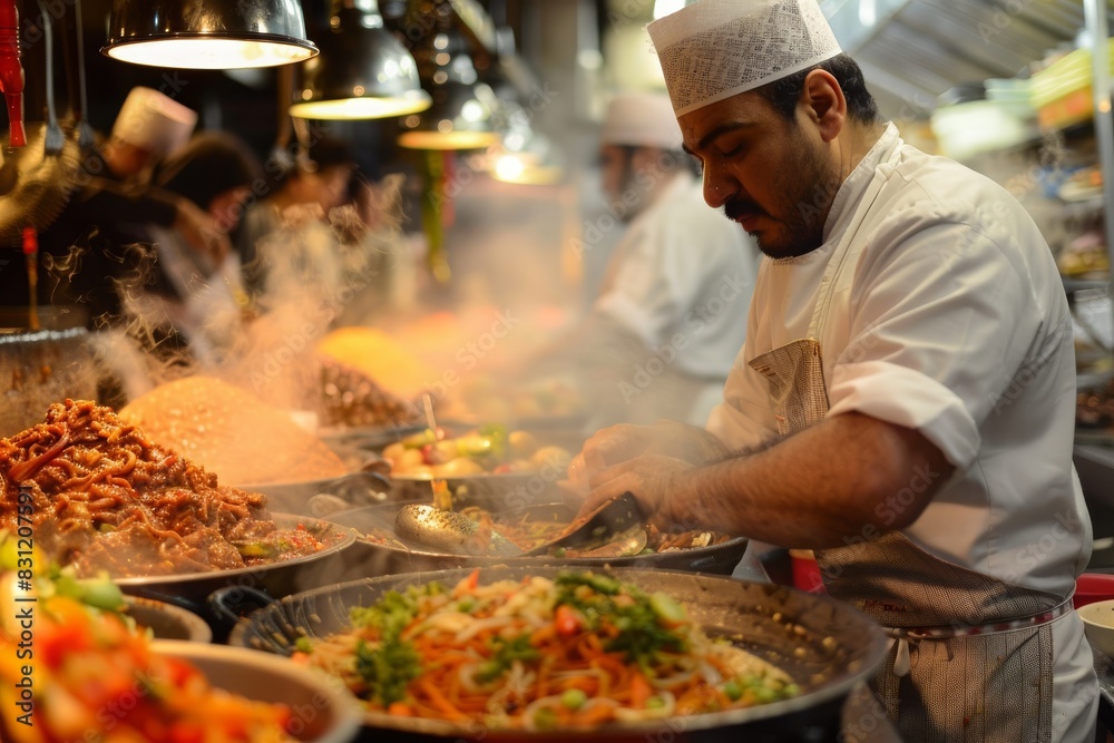Chef cooking delicious food in a busy kitchen with steam rising from pots, showcasing vibrant ingredients and culinary expertise. Chef cooking delicious food in a busy kitchen with steam rising from pots, showcasing vibrant ingredients and culinary expertise.