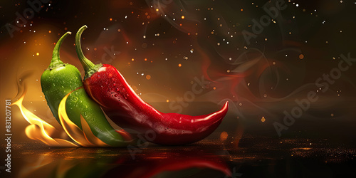 Feurige Schärfe: Roter und grüner Pepperoni vor flammendem Hintergrund mit Textfreiraum photo