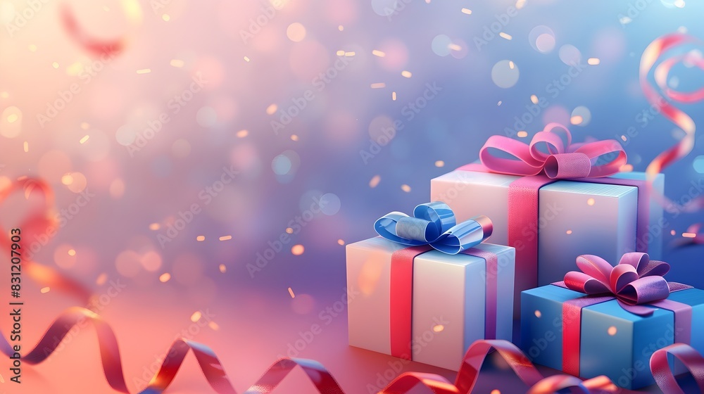 Festive Gift Boxes with Ribbon and Sparkling Confetti in Winter Wonderland Festive Gift Boxes with Ribbon and Sparkling Confetti in Winter Wonderland