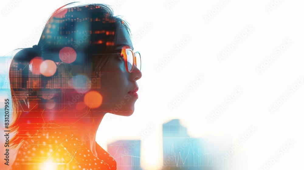 Double exposure of a woman in glasses and a cityscape, representing technology, innovation, and future business possibilities.