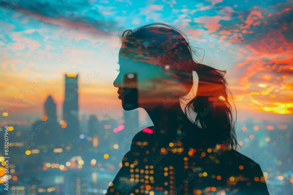Fototapeta premium Double exposure of a woman's silhouette with a cityscape background under a vibrant sunset sky, expressing urban lifestyle and creativity.