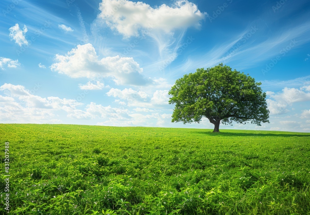 Fototapeta premium A lush green meadow with a single large tree standing tall in the distance. The expansive open sky above the peaceful meadow offers a tranquil background for text about growth and serenity.