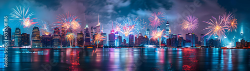 Explosive Independence: High Res Fireworks Lighting Up City Skyline on Independence Day   Spectacular Photo Realistic Image with Festive Atmosphere photo