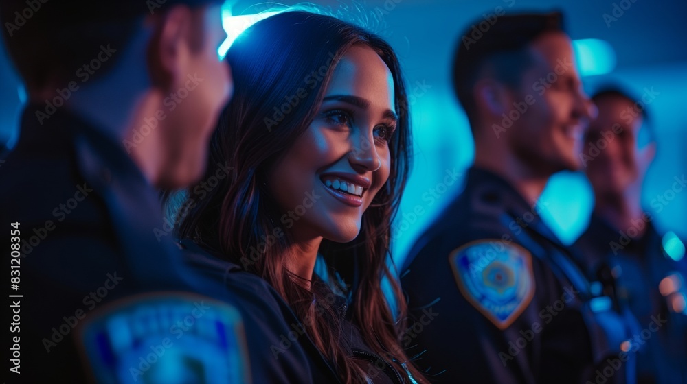 A woman with police officers standing in the middle of a meeting with happy expression. A woman with police officers standing in the middle of a meeting with happy expression.