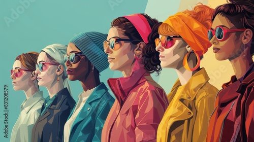 A diverse group of women, each representing a different walk of life and career path, stand united in this illustration for Women's Equality Day