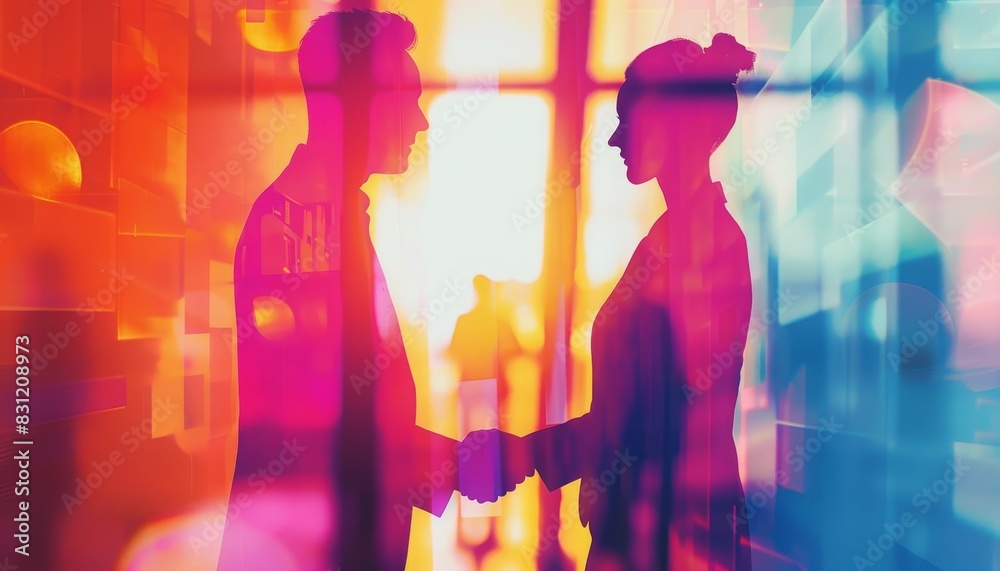 Fototapeta premium Silhouettes of business professionals shaking hands in an abstract colorful background, symbolizing partnership and collaboration.