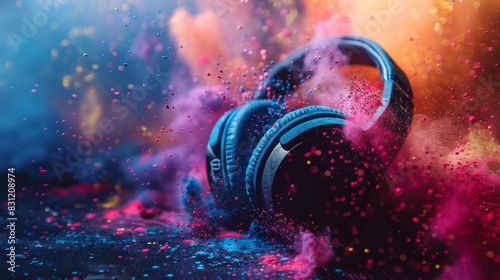 A pair of headphones is surrounded by colorful powder, creating a vibrant photo