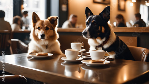 Dogs drinking coffee in cafe, Generative AI