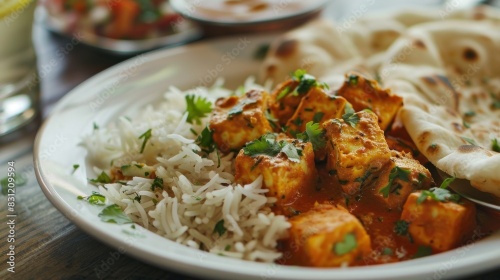 Flavorful paneer tikka masala served with fragrant jeera rice and garlic naan, offering a satisfying vegetarian option in Indian cuisine