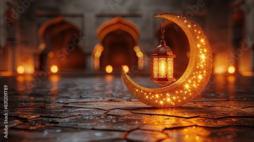 Crescent moon realistic eid mubarak. eid mubarak background with moon, stars, lantern  