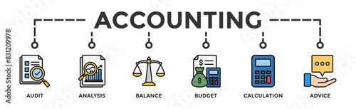 Accounting banner web icon vector illustration concept for business and finance with an icon of the audit, analysis, balance, budget, calculation, and advice