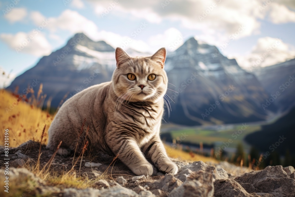 Portrait of a smiling british shorthair cat on backdrop of mountain peaks Portrait of a smiling british shorthair cat on backdrop of mountain peaks