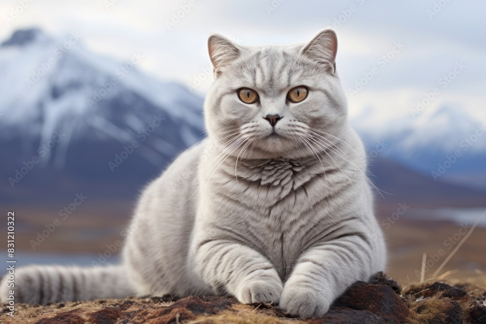 Portrait of a smiling british shorthair cat isolated on backdrop of mountain peaks Portrait of a smiling british shorthair cat isolated on backdrop of mountain peaks