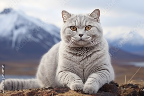 Portrait of a smiling british shorthair cat isolated on backdrop of mountain peaks © Markus Schröder