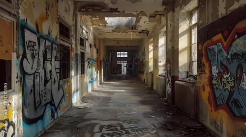 Dilapidated Industrial Corridor with Graffiti-Covered Walls in Abandoned Urban Building