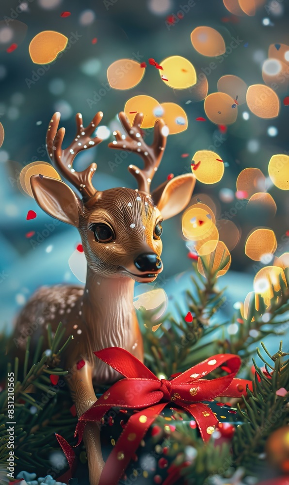 A whimsical illustration of a reindeer with a red bow amidst a festive, snowy backdrop A whimsical illustration of a reindeer with a red bow amidst a festive, snowy backdrop