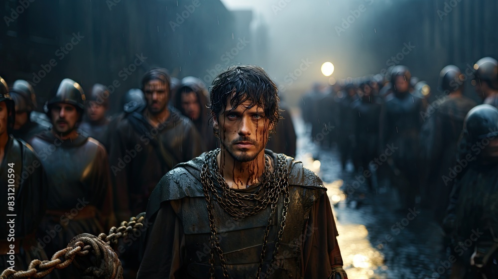 A weary soldier stands handcuffed amidst a marching army, under a somber sky, evoking a historical drama scene A weary soldier stands handcuffed amidst a marching army, under a somber sky, evoking a historical drama scene