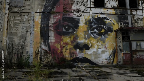 Captivating Mural on Dilapidated Urban Wall - Mysterious Expression Emerges from Weathered Surface