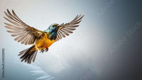 A colorful bird is captured in flight with its wings fully extended against a soft-gradient background photo