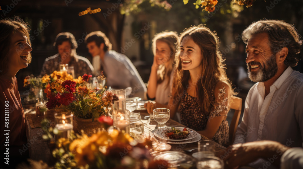 A warm and inviting scene of a multi-generational family enjoying a delightful dinner at an outdoor setting with tender interactions and conversations A warm and inviting scene of a multi-generational family enjoying a delightful dinner at an outdoor setting with tender interactions and conversations