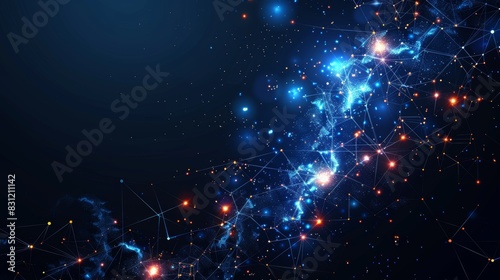 Abstract digital network with glowing points and lines on a dark blue background