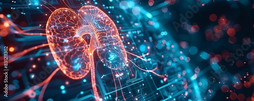 Closeup of a human kidney with highlighted areas showing kidney stones, futuristic holographic style, glowing neon blue, high detail, scientific illustration photo