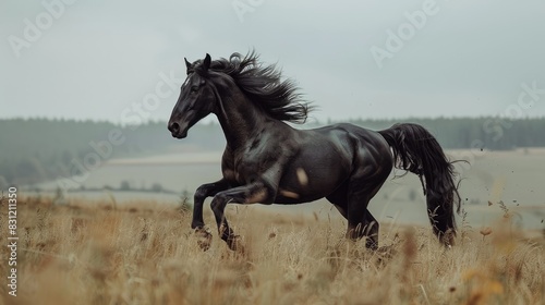 Friesian horse running in the field